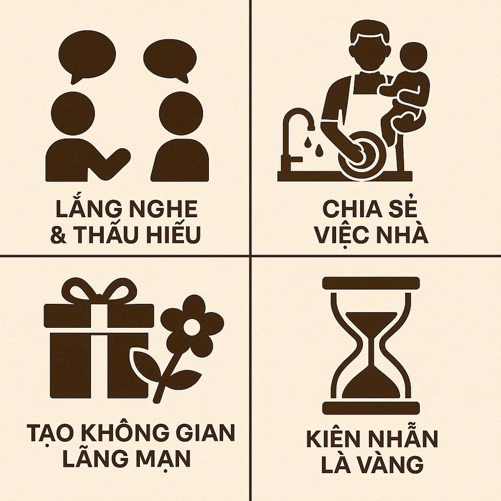 Infographic tổng hợp các cách chồng có thể làm để giúp vợ lấy lại ham muốn sau sinh như lắng nghe, chia sẻ việc nhà và kiên nhẫn.